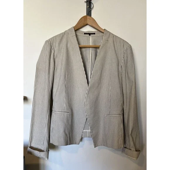 Theory White Navy Pinstripe Lanai Canvas Open Front Blazer Size 10 - Picture 2 of 8